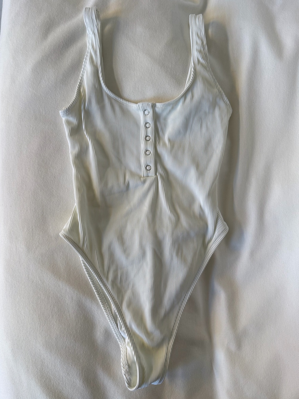 aerie White Ribbed One-Piece Button-Front Henley Swimsuit